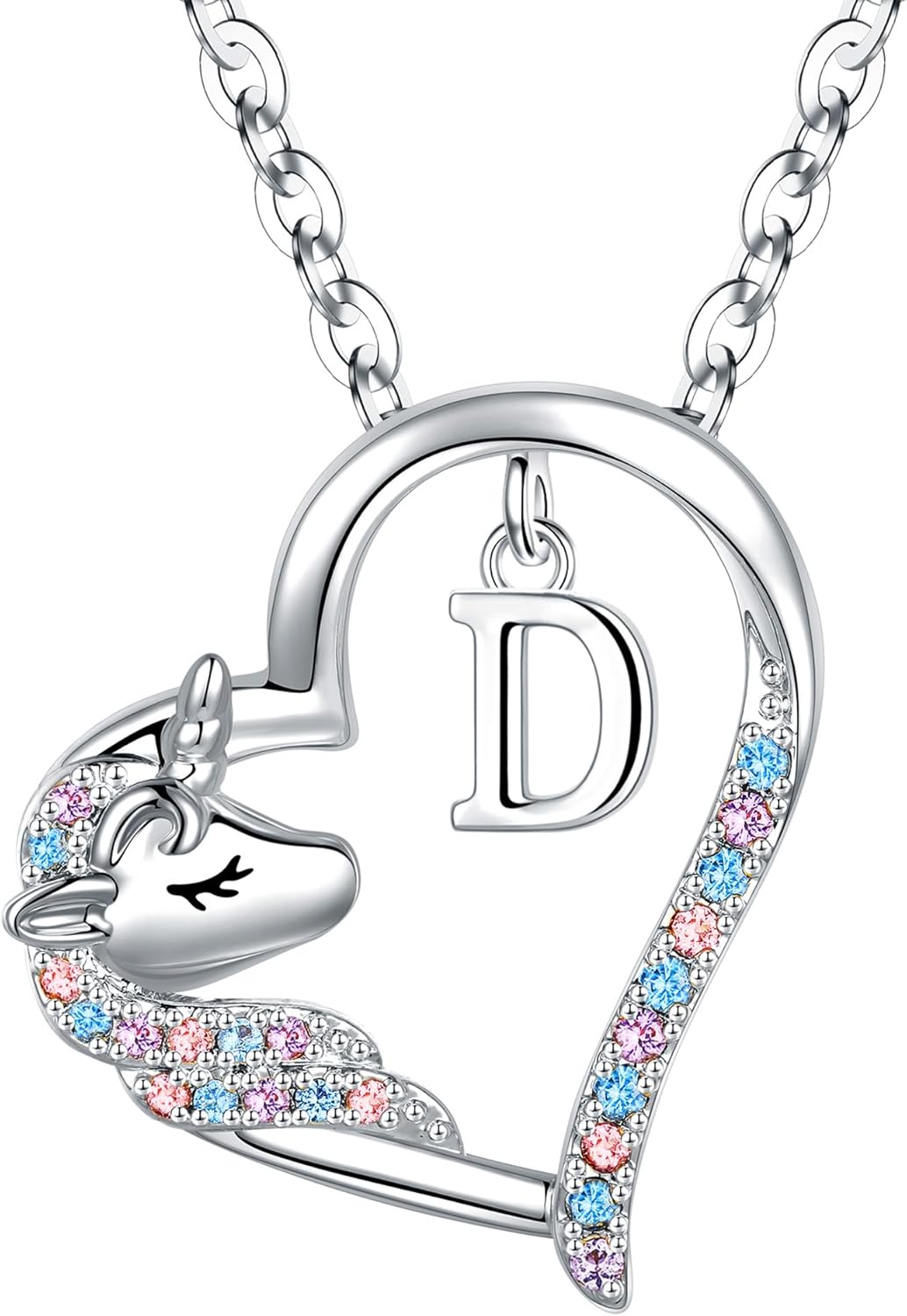 Anoup Unicorn Gifts for Girls Necklace - Colorful CZ Heart Pendant A-Z Initial Necklaces Cute Unicorns Jewelry Birthday Gift for Girl