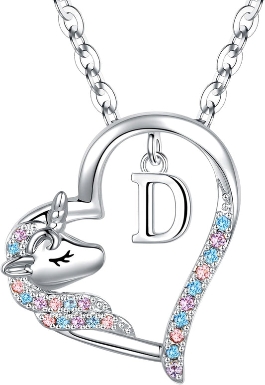 Anoup Unicorn Gifts for Girls Necklace - Colorful CZ Heart Pendant A-Z Initial Necklaces Cute Unicorns Jewelry Birthday Gift for Girl