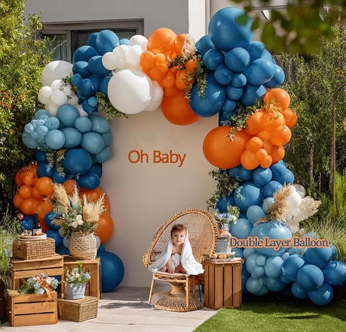Dusty Blue Orange Balloon Arch, Double Stuffed Burnt Orange Blue White Balloon Garland Kit Dark Teal Latex Balloons for Birthday Baby Shower Bridal Shower Wedding Boho Gender Reveal Party Decor