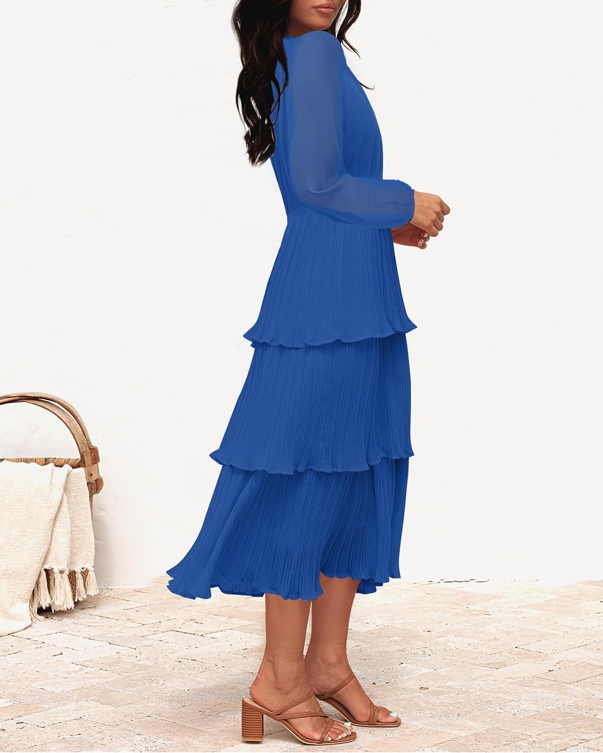 ZESICA Women's 2025 Long Sleeve Crew Neck Ruffle Tiered Layered Chiffon Flowy Swing Long Midi Dress