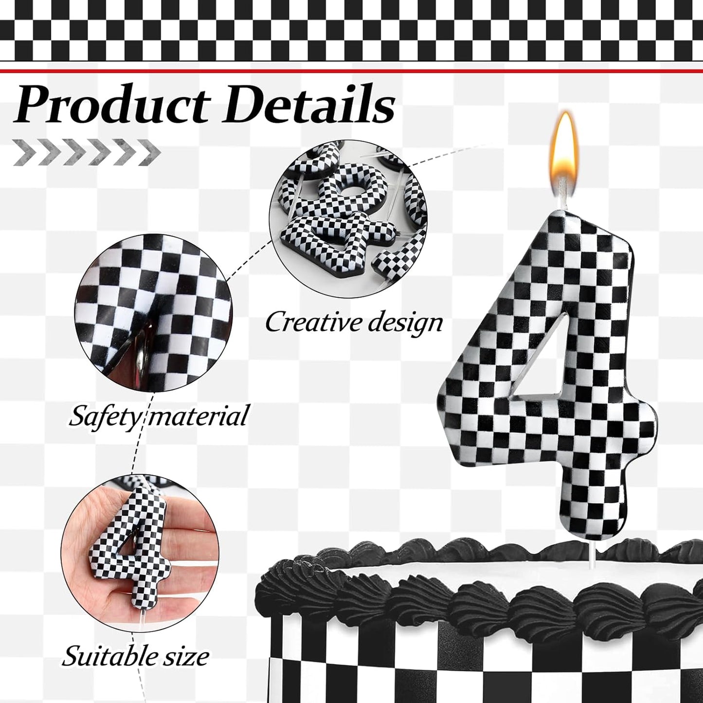 Racing Cars Themed Birthday Candle Number 4 Checkered Candle Birthday Party Decoration Cake Topper for Racing Car Party Decoration Theme Party Supplies (Number 4)