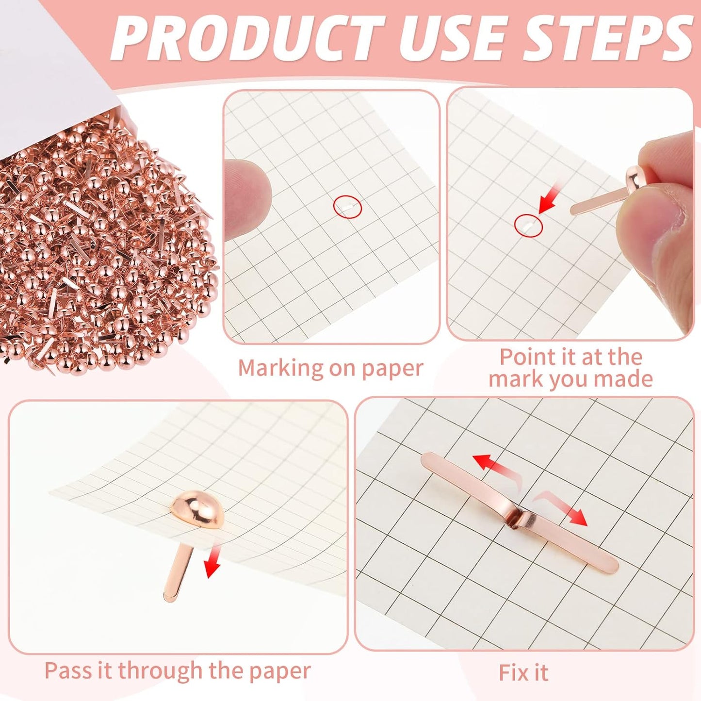 Hotop 500 Pcs Brads for Paper Crafts Metal Round Brass Paper Fasteners for Craft Art Crafting School DIY Supplies(0.3 x 0.6 Inch,Rose Gold)