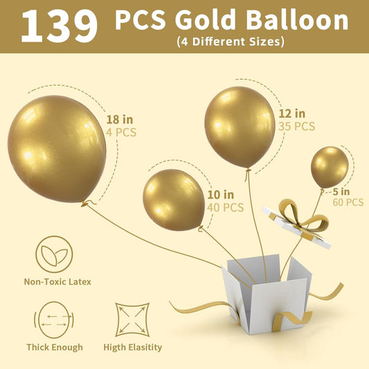Labeol Metallic Gold Balloons Different Sizes 139PCS 18/12/10/5 Inch Chrome Gold Balloon Garland Arch Kit Quality Latex Balloons Gold Decorations for Wedding Party Birthday Graduation Baby Shower