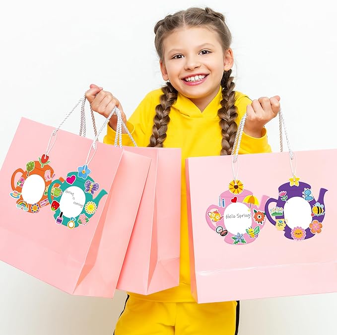 3sscha 40 Packs Tea Pot Shaped Craft Kit for Kids - Make Your Own Spring Flower Card DIY Picture Frame Self-Adhesive Sticker Handmade Artwork Decor Mother's Day Home Classroom Activity Party Favor