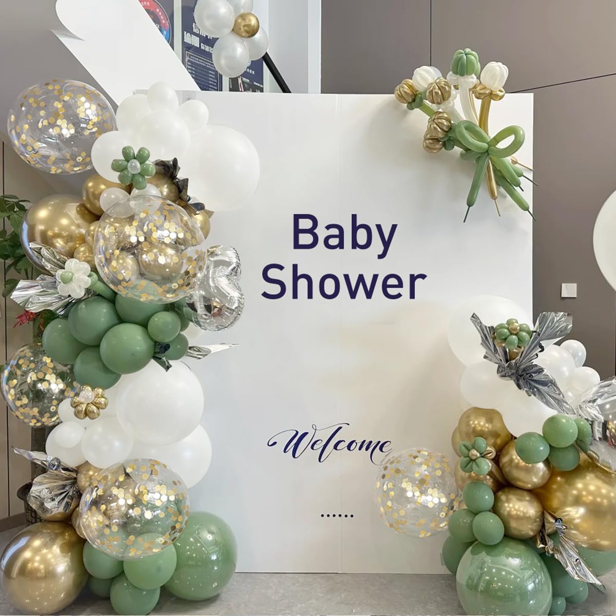 155Pcs Sage Green White Gold Balloon Garland Arch Kit with Gold Confetti Balloons for Graduation Baby Shower Decor Happy Birthday Party Wedding Jungle Decorations