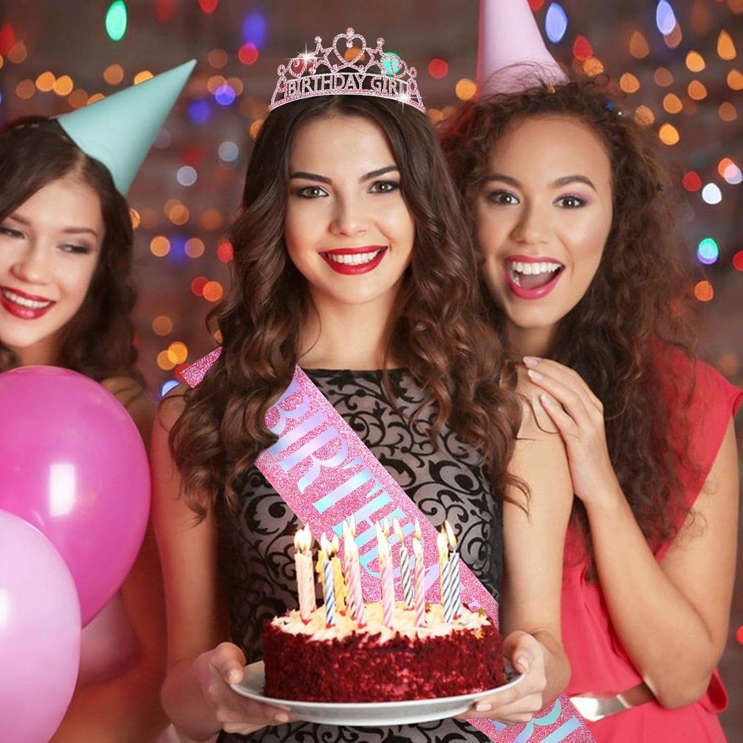 Birthday Girl Tiara and Sash Set - Pink Rhinestone Crown & Glitter Iridescent Sash for Birthday Party, Princess Celebration, Gift for Girls and Women