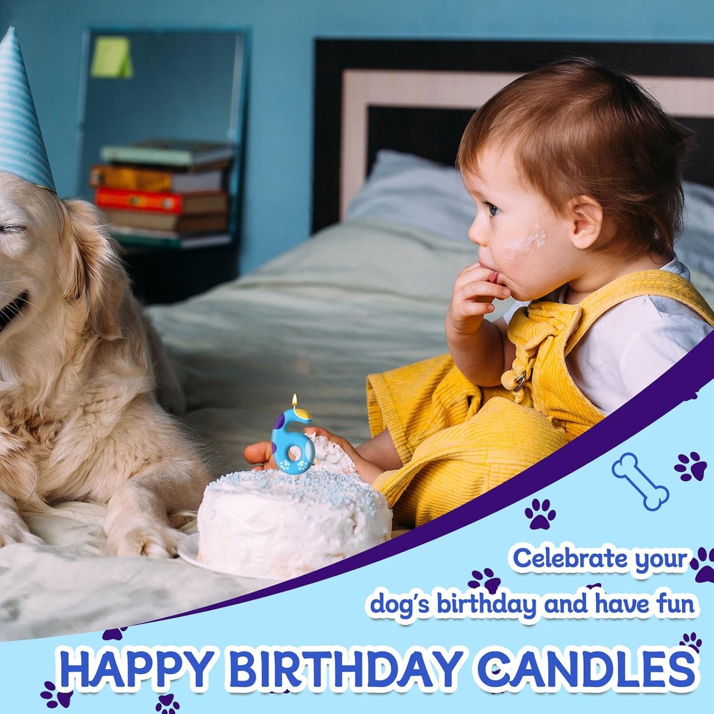 Blue Dog Paw Birthday Candles Cake Topper Numeral Birthday Candles for Boy Girl Dog Paw Decoration(Number 6)