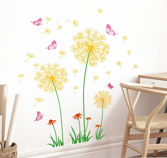 Supzone Yellow Dandelion Wall Stickers Flower Wall Decals Pink Butterflies Wall Decors Wall Art Stickers for Bedroom Living Room Sofa Backdrop TV Wall Decoration