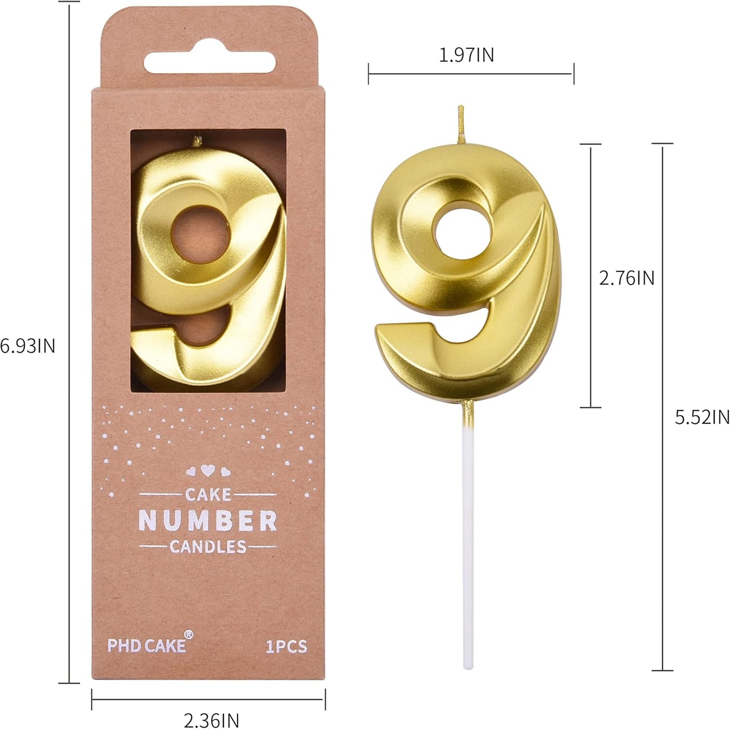 PHD CAKE 2.76 Inch Diamond Gold 9 Number Birthday Candles, Gold Number Candles, Cake Number Candles, Party Celebration