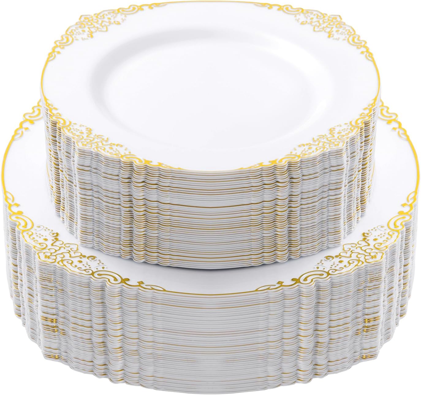 100 PCS White and Gold Plastic Plates for 50 Guests, Gold Disposable Plates Include 50 PCS Dinner Plates, 50 PCS Dessert Plates for Party, Wedding and Graduation