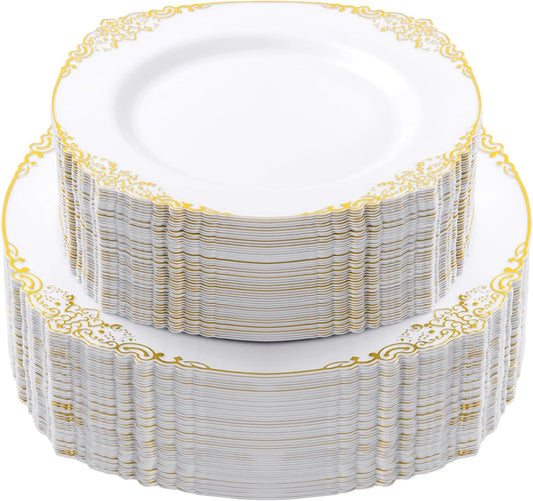 100 PCS White and Gold Plastic Plates for 50 Guests, Gold Disposable Plates Include 50 PCS Dinner Plates, 50 PCS Dessert Plates for Party, Wedding and Graduation