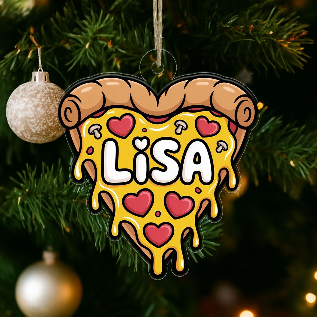 Personalized Heart Pizza Acrylic Ornament, Custom Pizza Lover Christmas Ornament, Funny Foodie Gift, Holiday Keepsake, Cute Pizza Decoration Acrylic Ornament – Personalized