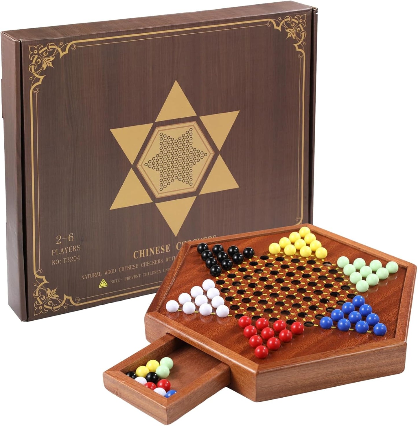 Chinese Checkers Board Game, 100% Natural Quality Wood 12-Inch Chinese Checker Board Game with 72 Marbles & Storage Drawer, Strategic Board Game Kit Birthday Gift
