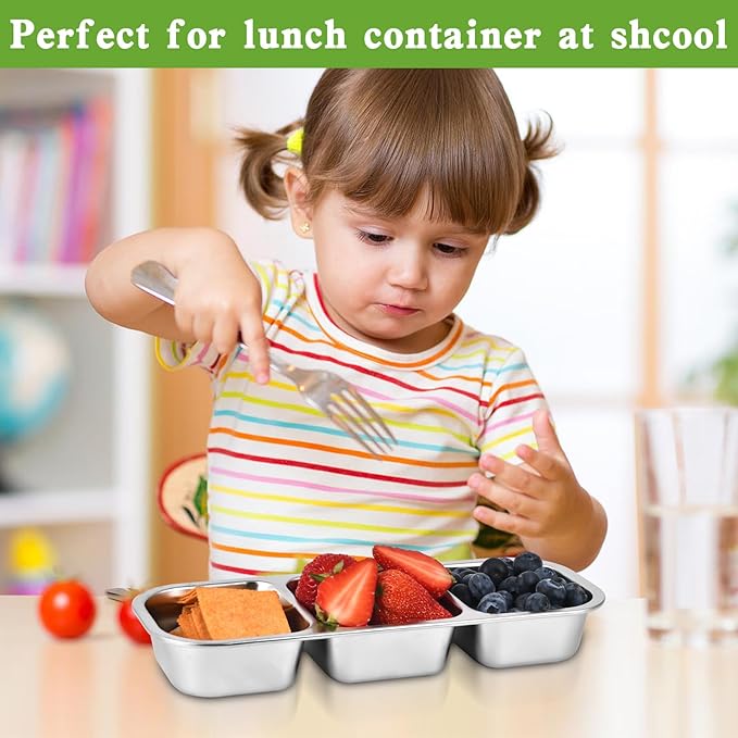 UPTRUST Reusable Snack Containers with Lids, 2pcs Stainless Steel 3-Compartment Snack Box, Divided and Leak-Proof Design for Take-Out Condiments and On-the-Go Snacks