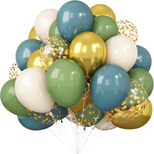Green Blue Balloons Sage Beige Gold Balloons Jungle Woodland Party Decorations Dusty Blue Green White Balloon 60pcs 12inch Latex Balloons Gold Confetti Helium Safari Wild One Dino Birthday DIY