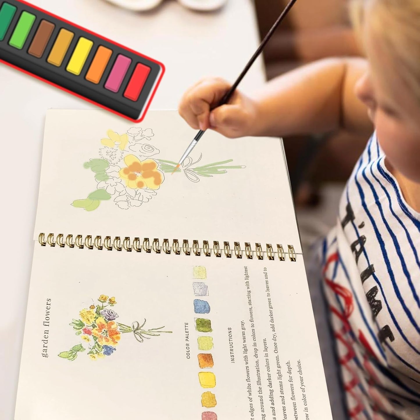Watercolor Workbook, Water Coloring Book,Watercolor Paint Set, Beginner-Friendly Watercolor Workbooks, with 12 Colors Watercolor Paint Set with Paint Brush - Christmas Gift（Flower B）