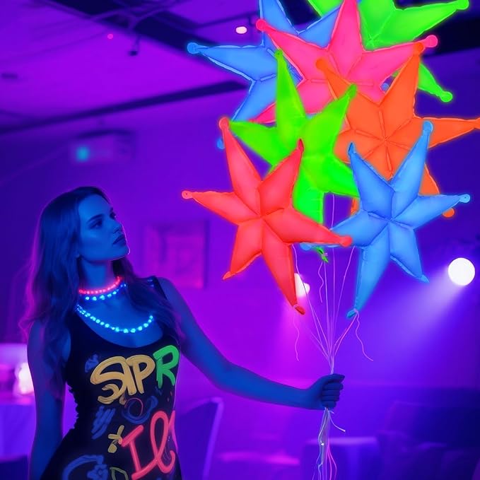 Mega-L Glow in the Dark Party Supplies, 5 Pcs Neon Hexagram Balloons Set – Fluorescent Red, Lemon Yellow, Fuchsia, Blue and Orange Balloons Perfect for Birthday, Wedding, Anniversary, Graduation Party