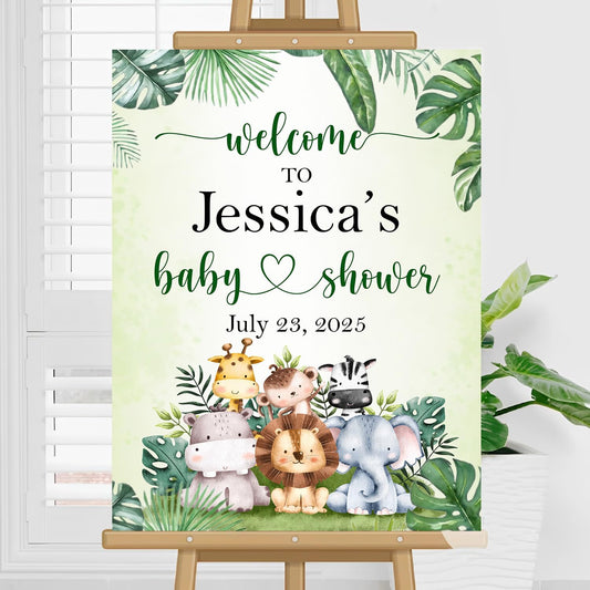 Custom Name Baby Shower Sign, Rustic Welcome Sign, Safari Animals, Gender Neutral, 12x18 inches, Plastic