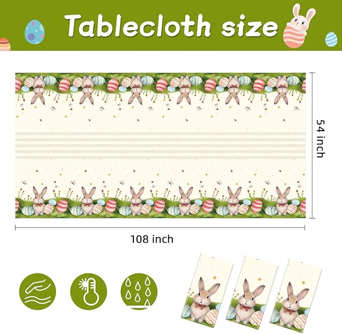 Childom 3 Pack Easter Decorations Easter Tablecloths Disposable Plastic Tablecloths 54"x108" Bunny Table Cloths Rectangle Tables for Party Supplies,Holiday Table Covers for Home Dinner Outdoor Picnic