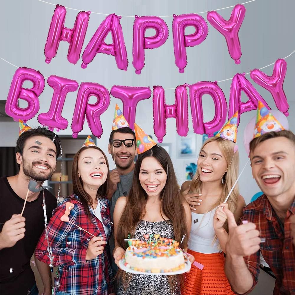 TONIFUL Hot Pink Happy Birthday Balloons Banner, 16 Inch Mylar Foil Letters Birthday Sign Bunting Reusable for Girls Boys Kids & Adults Birthday Decorations and Party Supplies