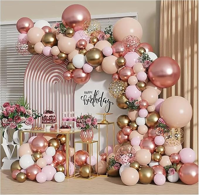 Rose Gold Balloon Garland Kit, Nude Pastel Pink Metallic Gold Matte White Balloons Gold and Rose Gold Confetti Balloons for Valentines Day Wedding Bridal Shower Party Girl Birthday Decorations