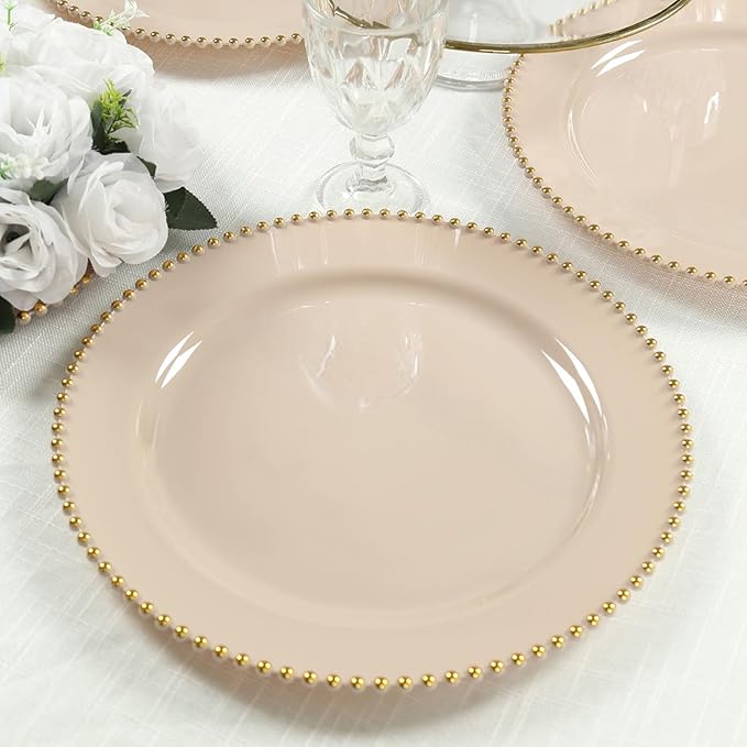Efavormart 10-Pack Economy Plastic Charger Plates 13" Round Taupe with Gold Beaded Rim - Stylish Dinner Party Serving Plates