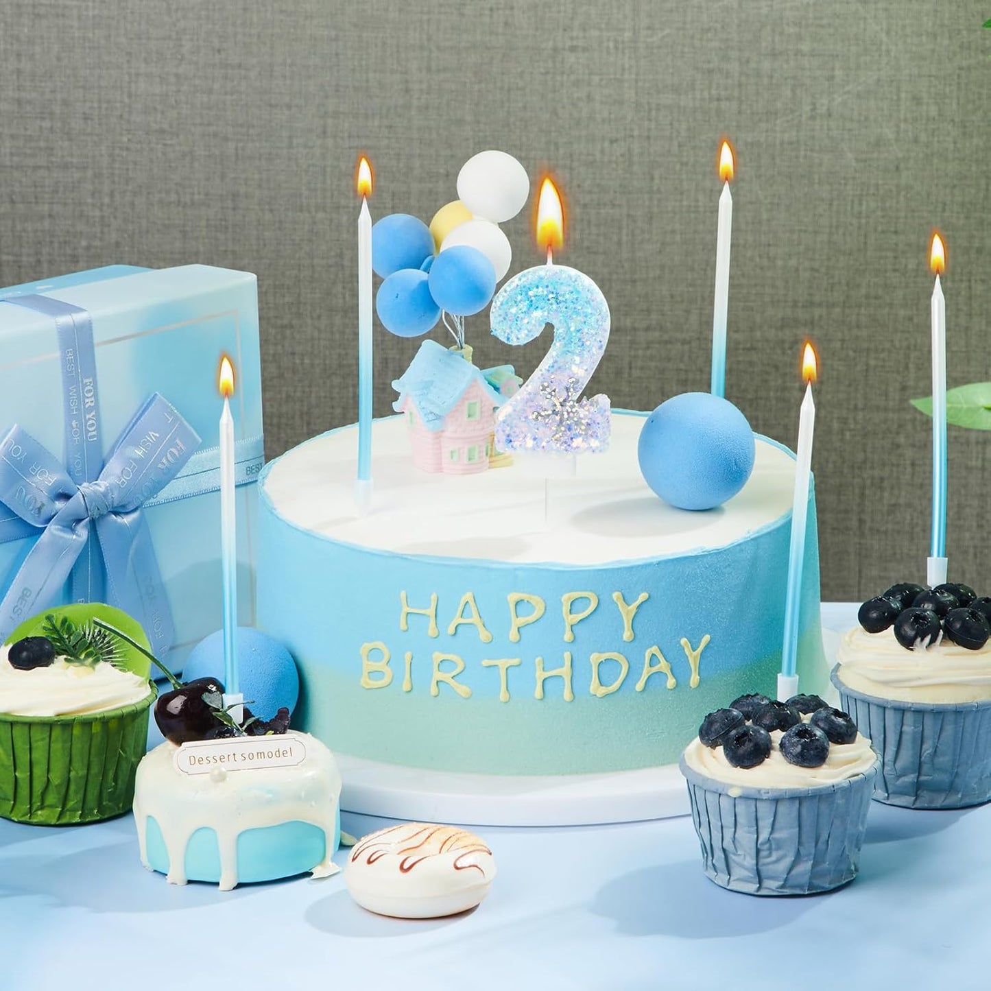 MTLEE Number 2 Birthday Candle Blue Snowflake with 6 Long Thin Cupcake Candles Blue Sparklers Glitter Number Happy Birthday Cake Topper Decorations for Winter Party Supplies