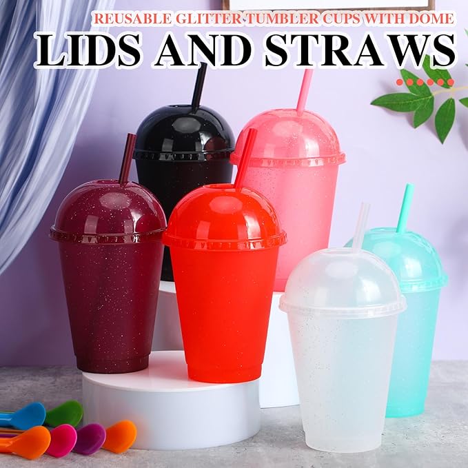6 Set Slushie Cups with Dome Lids and Straws Detachable Spoon Straws Reusable Plastic Iced Coffee Cups Smoothie Tumbler for Birthdays Summer Party Supplies(Multi Color,16 oz)