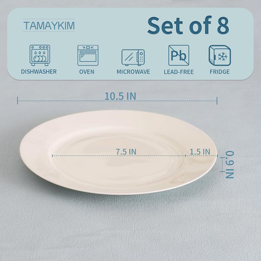 TAMAYKIM 10.5 Inch Porcelain Salad Dinner Plates 8 Pieces, Wide Rim Round Pasta Plates, Large Serving Dinnerware Sets, Scratch Resistant, Microwave, Oven, and Dishwasher Safe, White