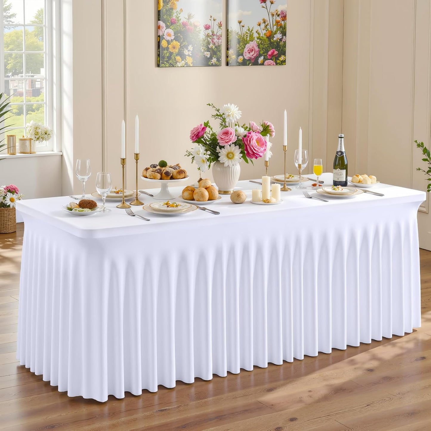 Besutolife White Spandex Tablecloth with Skirt for 4ft Rectangle Tables - Wrinkle-Resistant, Stretchable, Machine Washable - Perfect for Weddings, Banquets, Birthday Parties, and Events