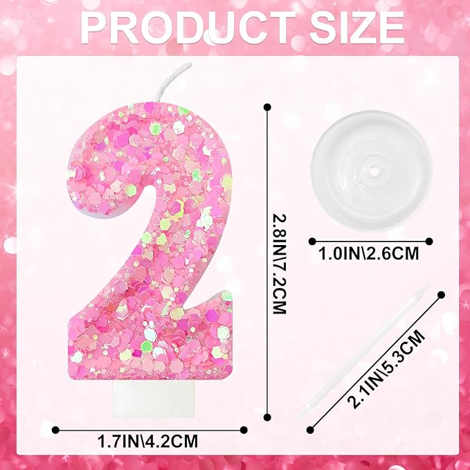Zailo Birthday Number Candles, Glitter Number Candle Cake Decorations with Sequins, Cupcake Decorations for Girls, Women, Party Anniversary Celebrations (Number 2, Light Pink)
