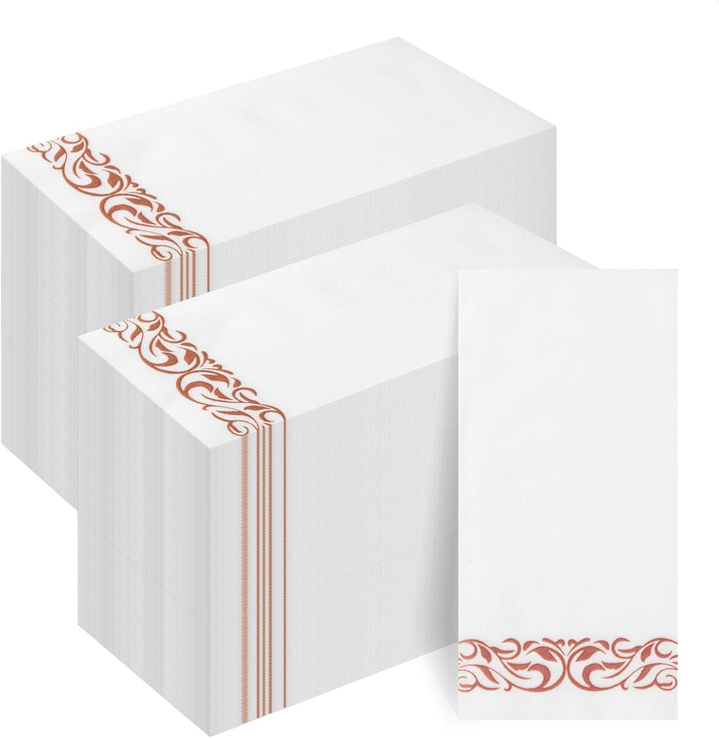 Goodluck 200-Pack Linen-Feel Disposable Guest Towels – Soft and Absorbent Paper Hand Towels for Bathroom or Kitchen – Elegant White Napkins with Rose Gold Design for Parties, Weddings, Dinners Events