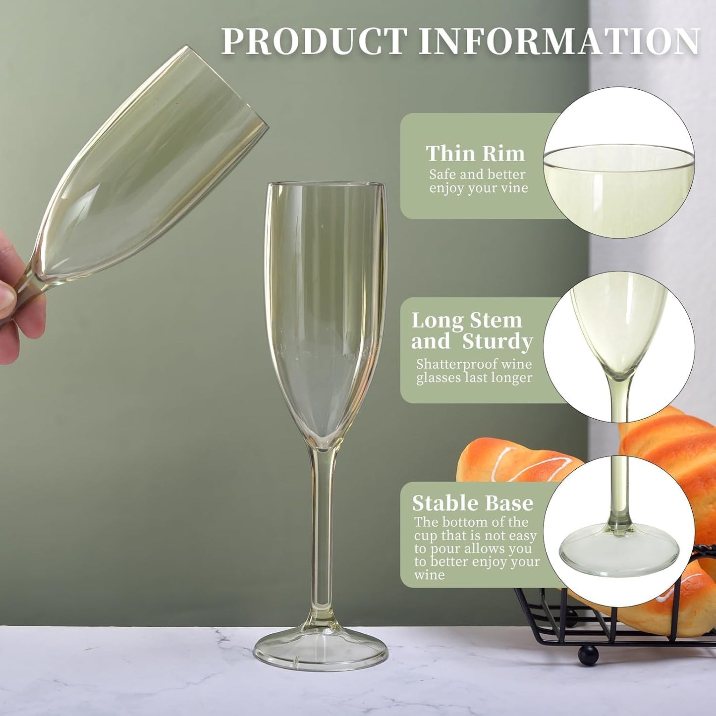 XUWAIDSGN 24 Pcs Champagne Flutes Plastic Wine Glasses Bulk Vintage Champagne Flutes Mimosa Bar Glasses Stemmed Drinking Cups 5.4OZ for Christmas Birthday Wedding Bride (24, Sage Green)