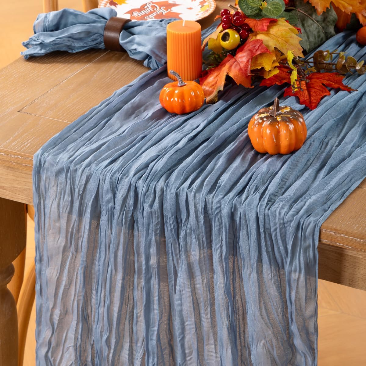 MLMC Dusty Blue Table Runner 10ft Boho Gauze Blue Cheesecloth Table Runner Rustic Fall Cheese Cloth Centerpiece 35x120 Inches for Wedding Bridal Shower Baby Shower Party Decor