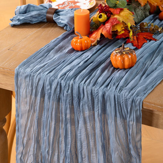 MLMC Dusty Blue Table Runner 10ft Boho Gauze Blue Cheesecloth Table Runner Rustic Fall Cheese Cloth Centerpiece 35x120 Inches for Wedding Bridal Shower Baby Shower Party Decor