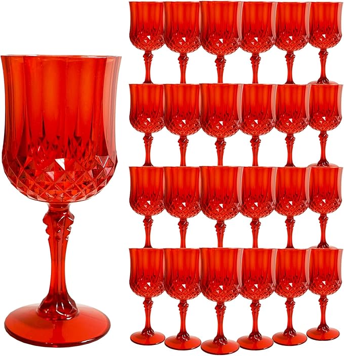 Plastic Wine Glasses, Plastic Goblets Vintage Style Cordial Unbreakable Drinking Glasses, Reusable Drinkware for Wedding Reception, Grand Event Party Supplies, Easter (24, Red)