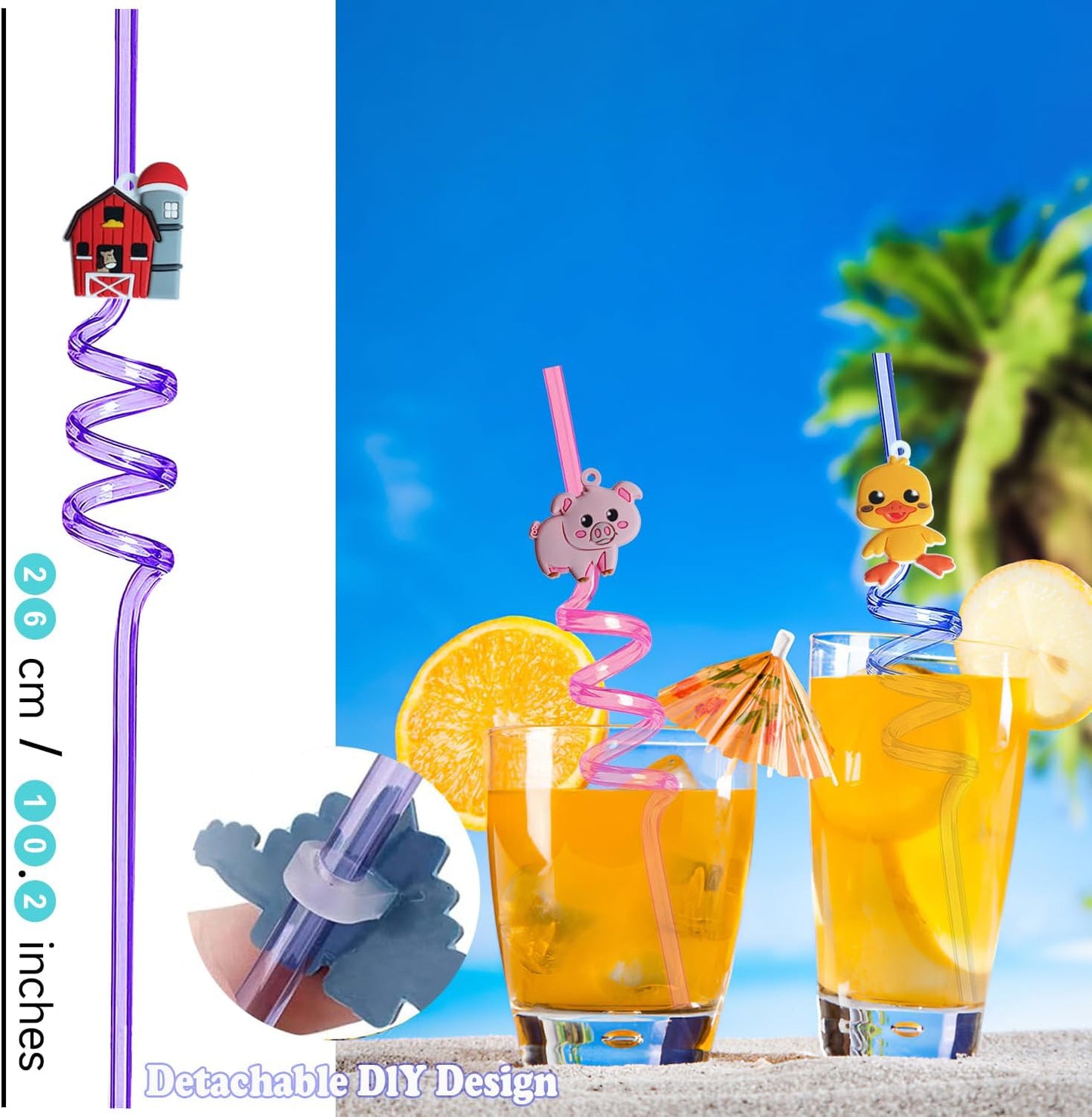 Reusable Farm Animal Straws Birthday Party favors, 24 PCS Plastic Farm Animals Swirly Drinking Straws for Kids Barnyard Party Supplies Decorations with Clean Brushes