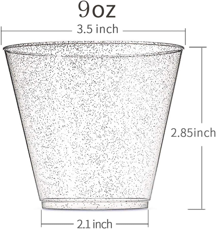 WDF 200pcs 9OZ Silver Cups, Plastic Disposable Premium Wedding Silver Glitter Plastic Cups for Christmas Party
