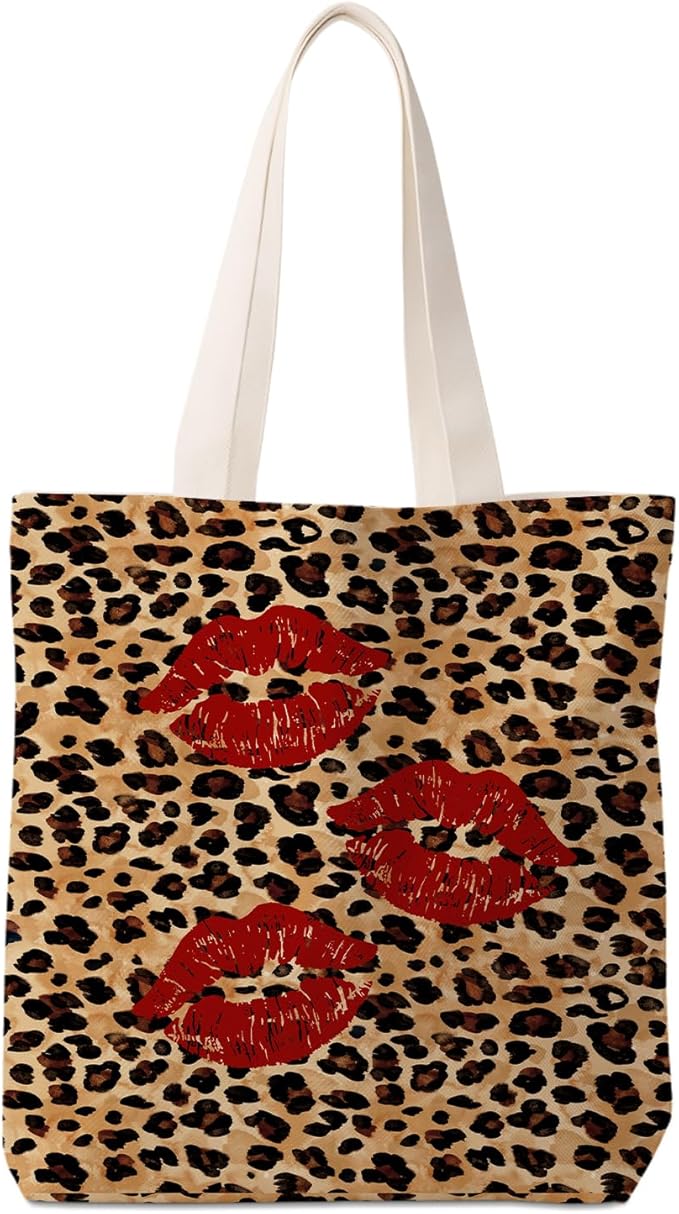 Coquette Leopard Red Lip Tote Bag for Women,Trendy Cheetah Print Canvas Tote Bag for Girls,Girly Leopard Lip Print Aesthetic Reusable Shopping Grocery Bags Party Favors
