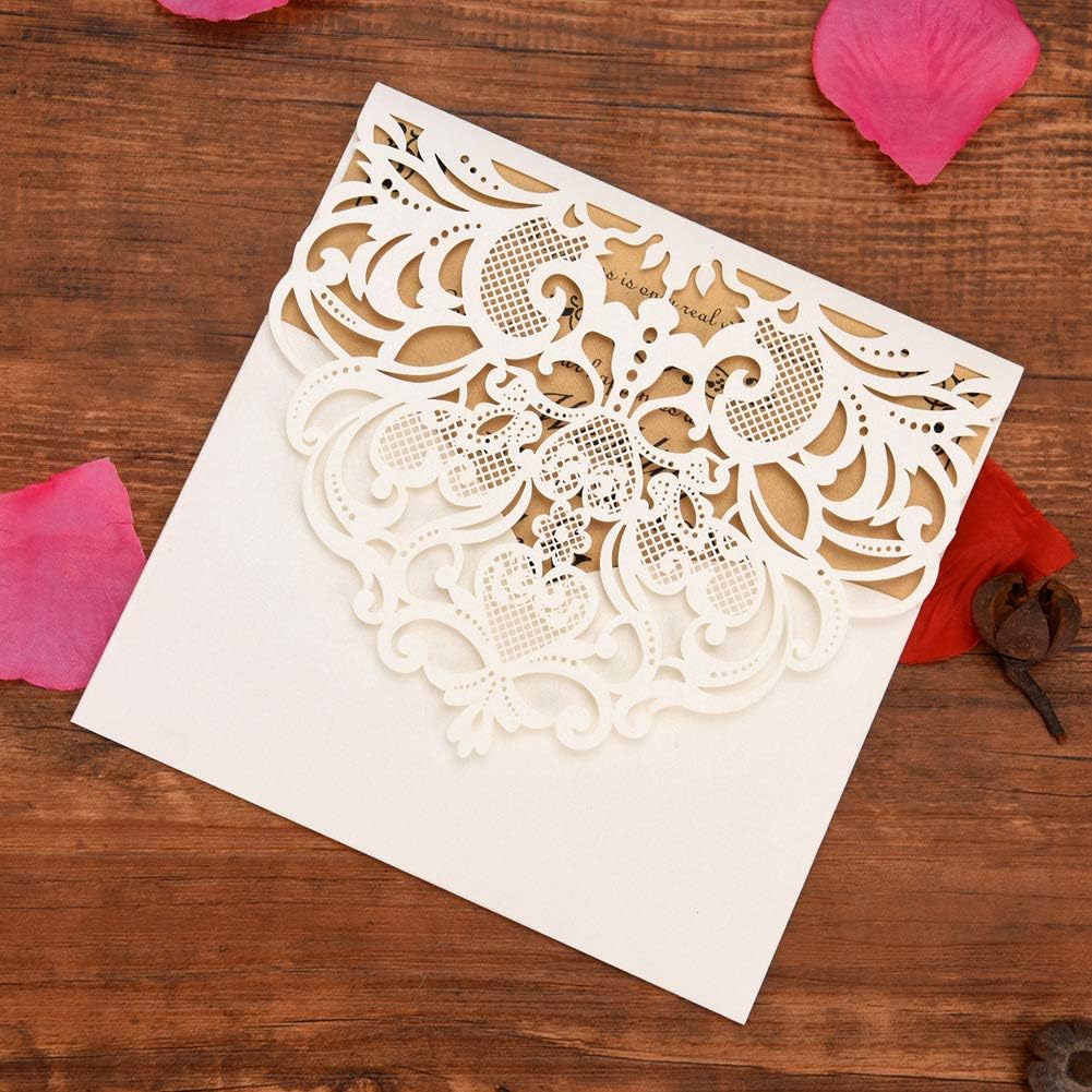 FOMTOR Laser Cut Invitations 50 Pack Laser Cut Wedding Invitations Card Kit with Blank Printable Paper and Envelopes for Wedding,Birthday Parties,Baby Shower (White)