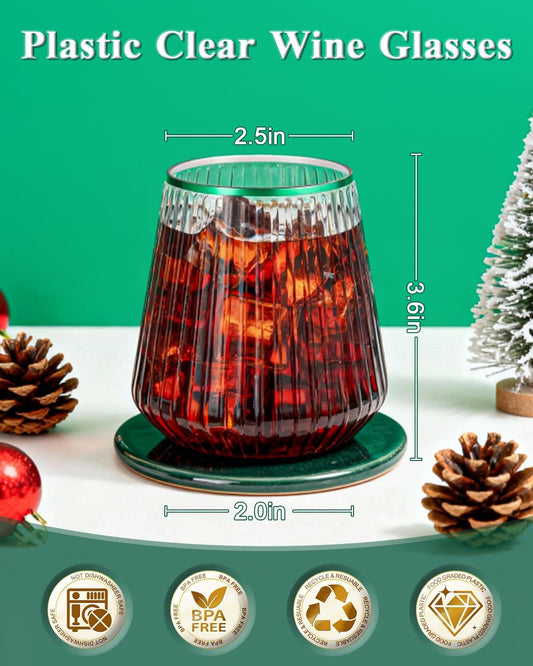 36 Pcs 12 oz Plastic Clear Green Rim Ribbed Wine Glasses, Disposable & Reusable Champagne Glasses Elegant Whiskey Glasses Ideal for Weddings, Bars, Christmas, Holidays, Pool Party, Daily Use