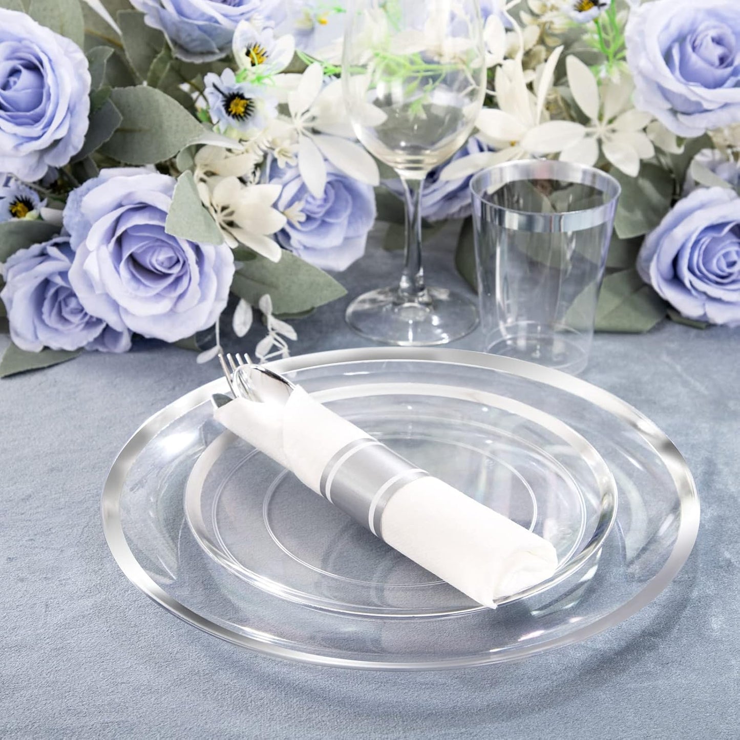 LIYH 210 Pcs Rolled Plastic Silverware Dinnerware Sets - Clear Disposable Heavyduty Plastic Disposable Plates for Wedding Party Silver Rimmed Cups 30 Guests