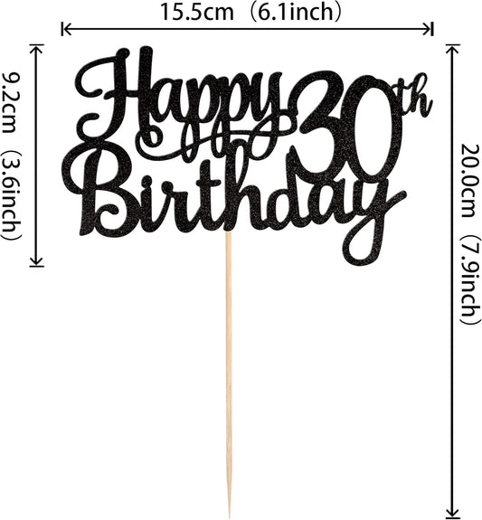 1 PCS Happy 30th Birthday Cake Topper Glitter Cheers to 30 Years Birthday Cake Pick 30 Fabulous Cake Decoration for Happy 30th Birthday Anniversary Party Decorations Supplies Black