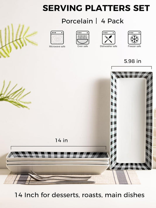 YHOSSEUN Halloween Serving Platters Set of 4, Black and White Serving Platters and Trays for Food, Rectangular Long Plates Serving Dishes for Entertaining, Checkered, 14 Inch