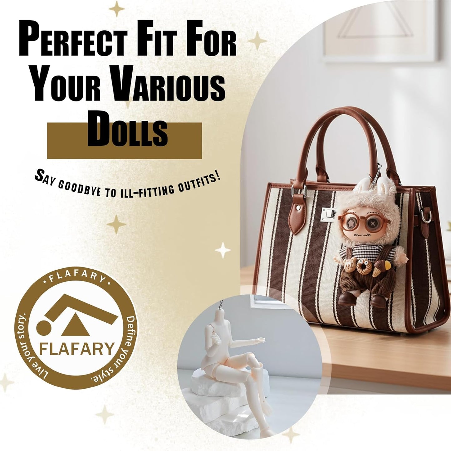 Doll Clothes for 17cm Dolls (No Doll Included) - Stylish and Adorable Outfits for Boys and Girls, Toy Fashion Accessories, Include Glasses, Canvas Shoes(Brown)