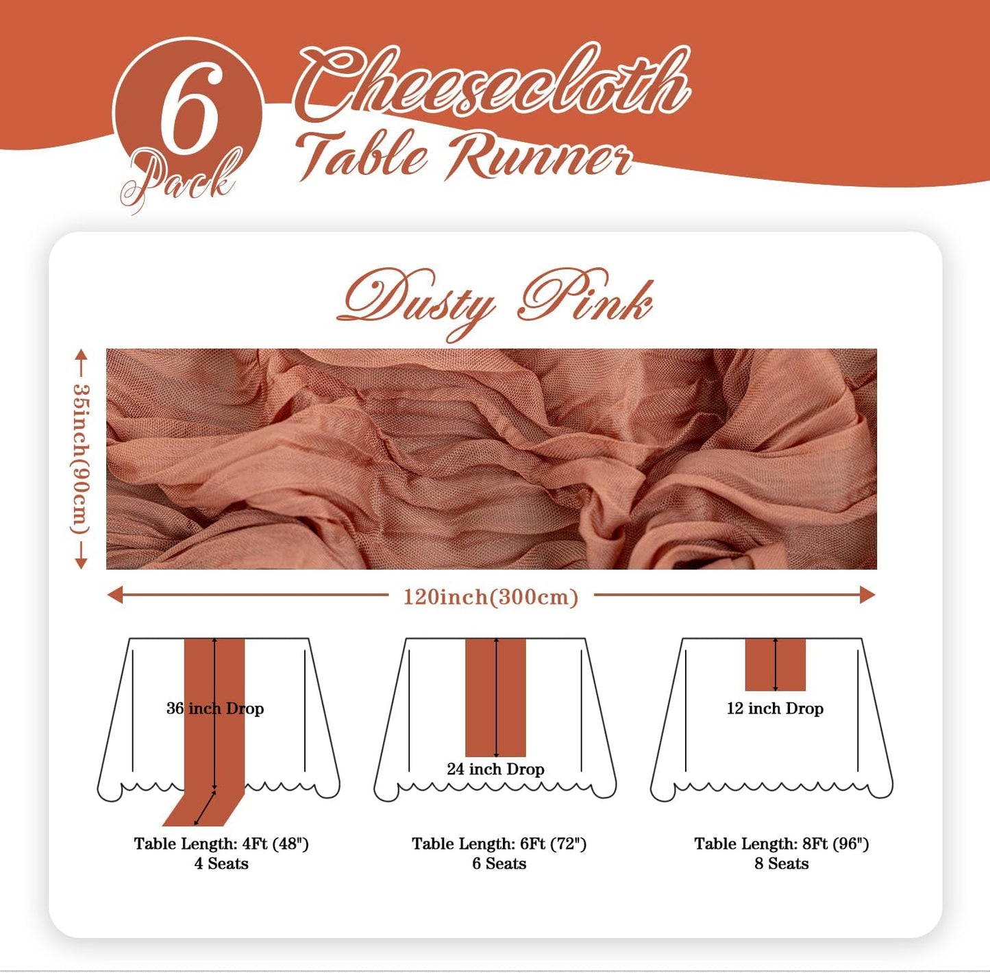 6 Pack Dusty Pink Cheesecloth Table Runner 120 Inch Boho Gauze Table Runner, Rustic Sheer Cheese Cloth Fabric Table Runners for Parties, Baby Shower, Birthday and Weddings