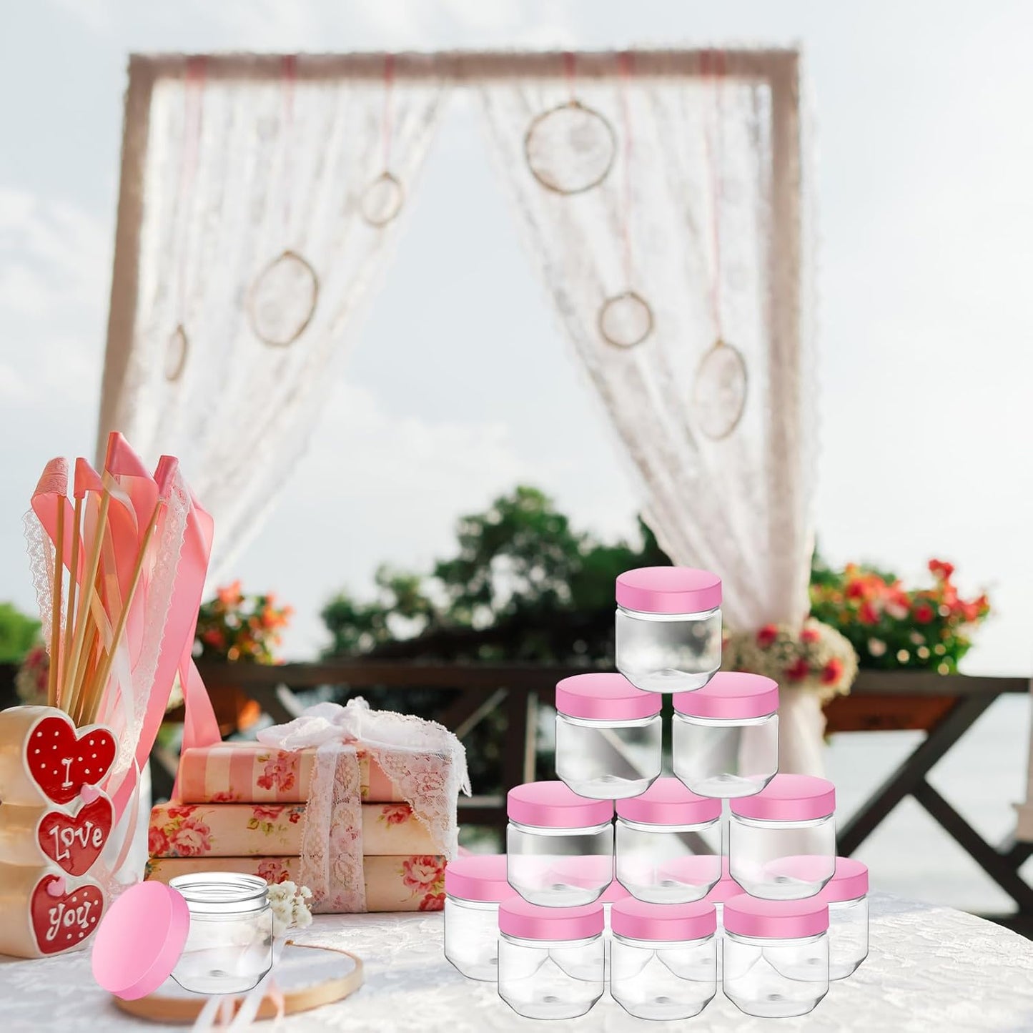 Tanlade 60 Pcs 3 oz Clear Plastic Jars with Lids Wide Mouth Mason Jars Mini Storage Containers Bulk for Herb Jelly Wedding Valentine Favors Shower Party Favors(Pink)