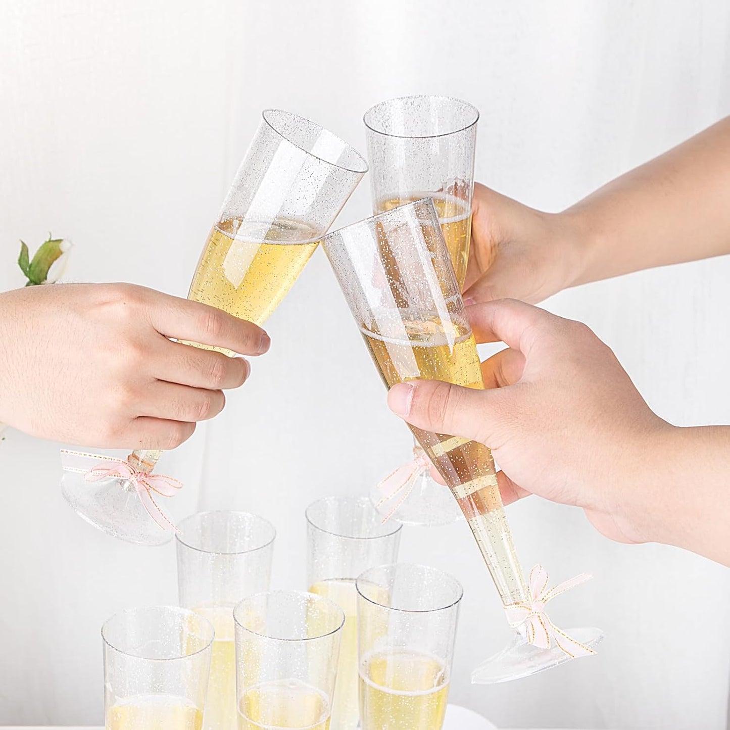 WDF 36 Pack Silver Glitter Plastic Champagne Flutes - 7OZ Disposable Silver Champagne Glasses for Christmas Party, Wedding, New Year