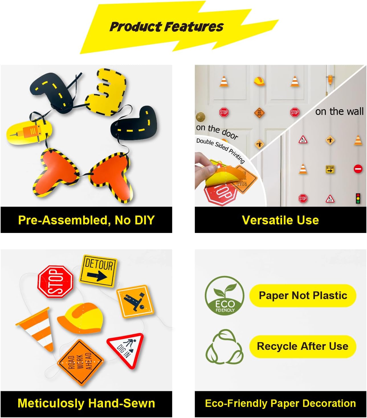Construction Party Decorations, 20PCS Under Construction Banner Kit with Hanging Signs, Banners, Cutouts and Door Décor, Pre-Strung Building Theme Decor for Birthday or Event Setup