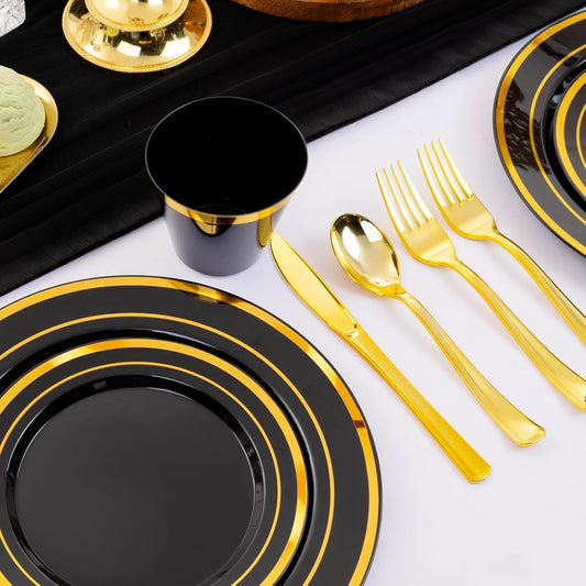WELLIFE 150 PCS Black and Gold Disposable Dinnerware Set, Plastic Plates for Party, Including 25 Dinner Salad Plates, Cups, Forks Knives Spoons for Halloween and Party Supplies